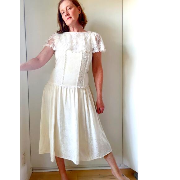 VTG 80s Jessica McClintock Silk Dress Cream White Lace Modern SZ 6-8 Coquette - Picture 2 of 14
